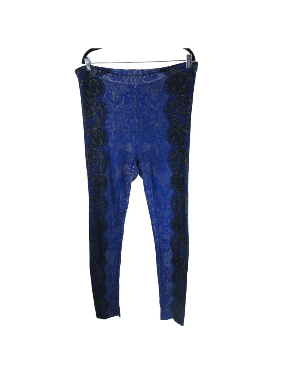 BCBGMaxAzria Knit Leggings Scrunch Geometric Silk Blend Black Blue L